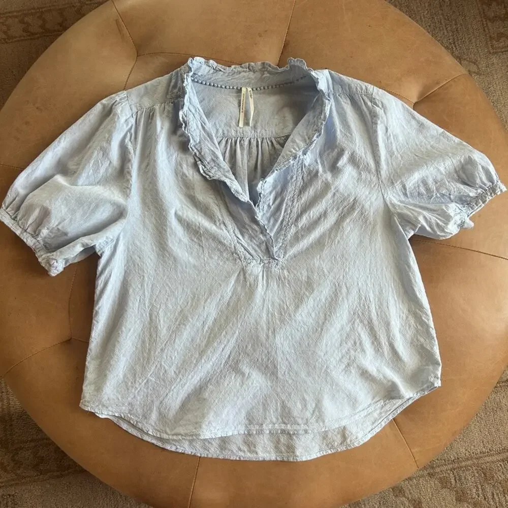 Anthro Anthropologie Cotton Peasant Blouse Puff Sleeve Ruffle Cottagecore Blue M